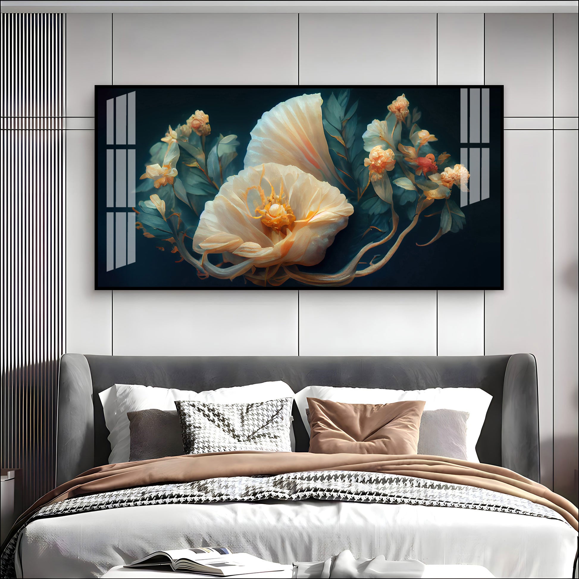 Beautiful Flower Artwork Acrylic Wall Art Canvas With Cream Petals And Dark Background