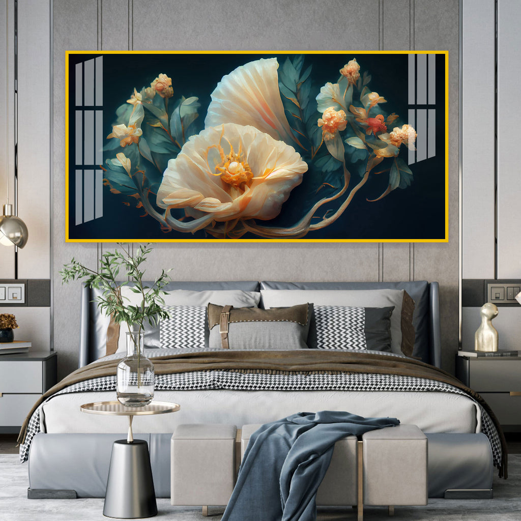 Beautiful Flower Artwork Acrylic Wall Art Canvas With Cream Petals And Dark Background