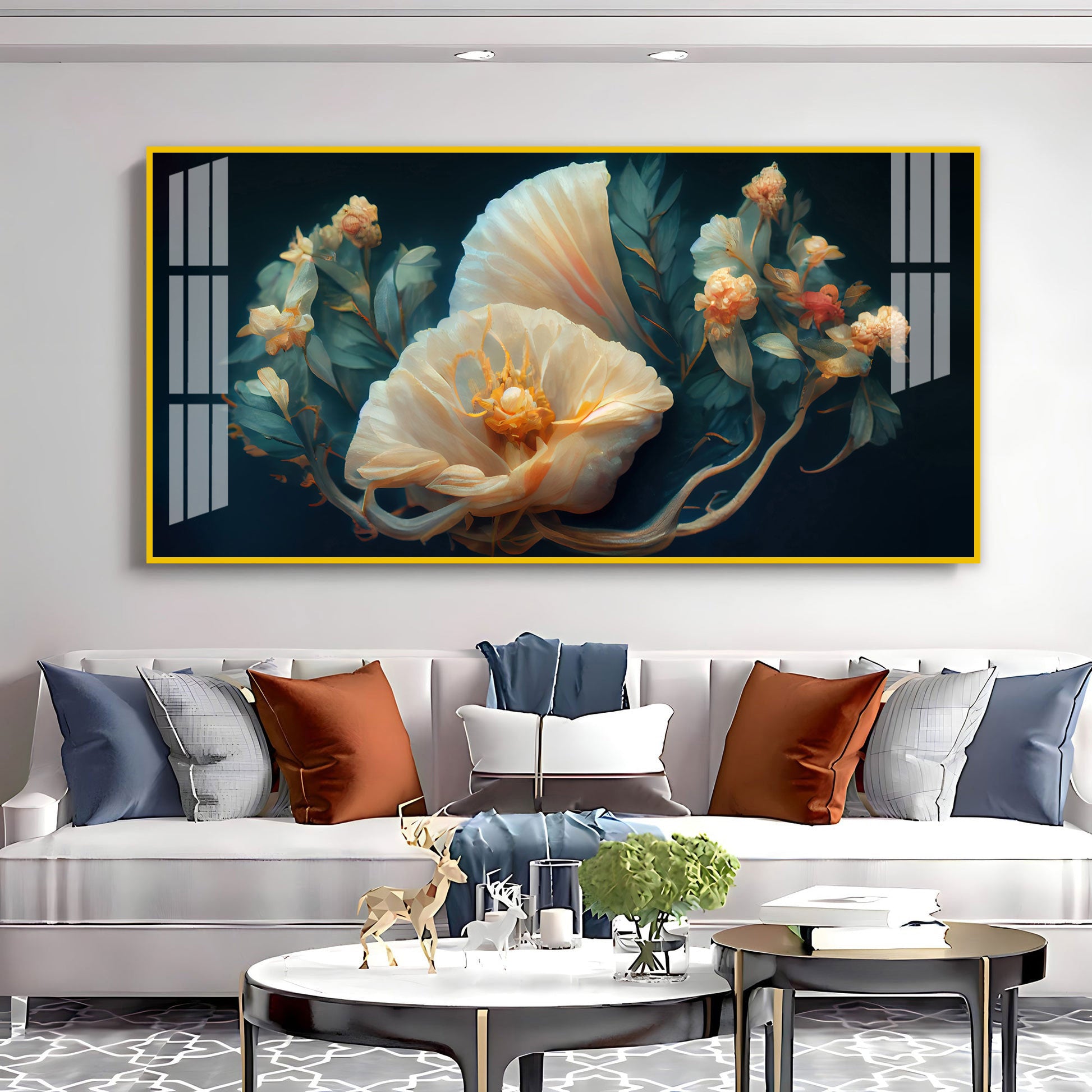 Beautiful Flower Artwork Acrylic Wall Art Canvas With Cream Petals And Dark Background