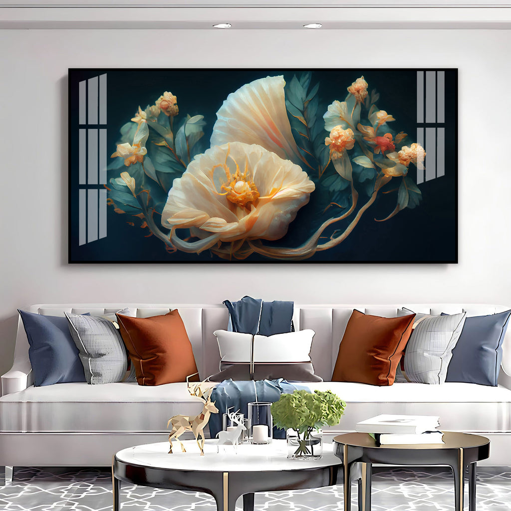 Beautiful Flower Artwork Acrylic Wall Art Canvas With Cream Petals And Dark Background