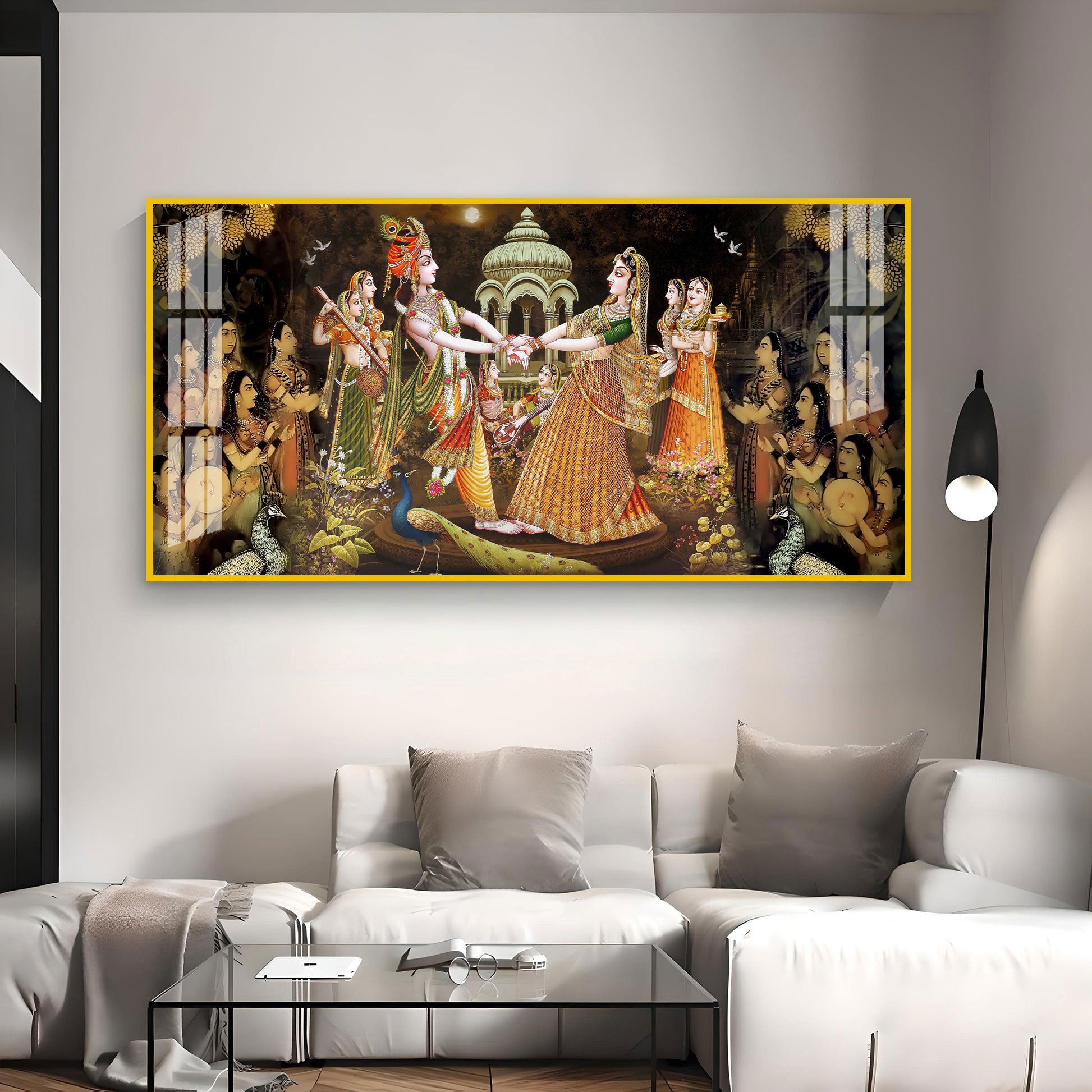 Radha Krishna Raas Leela Acrylic Wall Art Canvas With Devotional Hindu Spiritual Scene