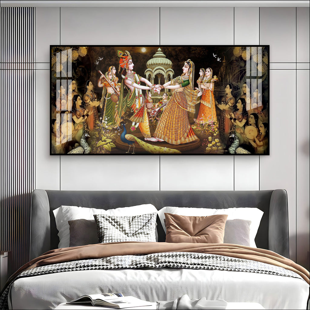 Radha Krishna Raas Leela Acrylic Wall Art Canvas With Devotional Hindu Spiritual Scene
