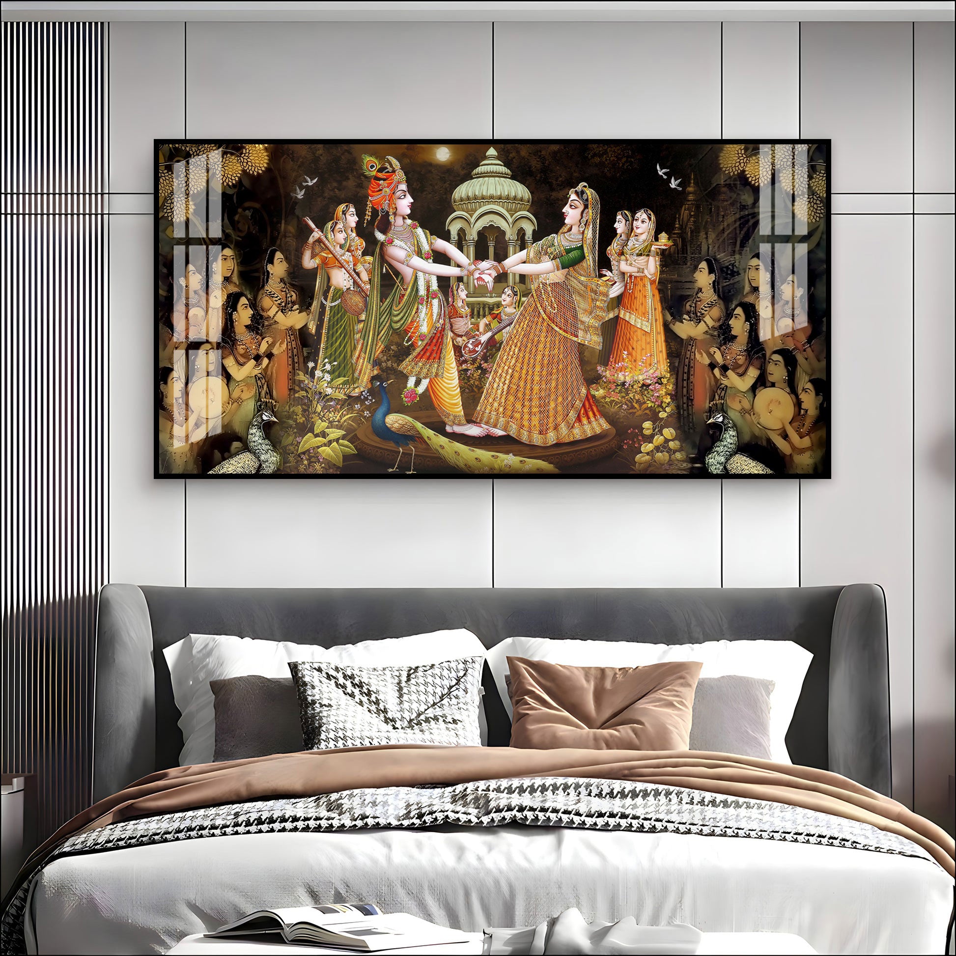 Radha Krishna Raas Leela Acrylic Wall Art Canvas With Devotional Hindu Spiritual Scene
