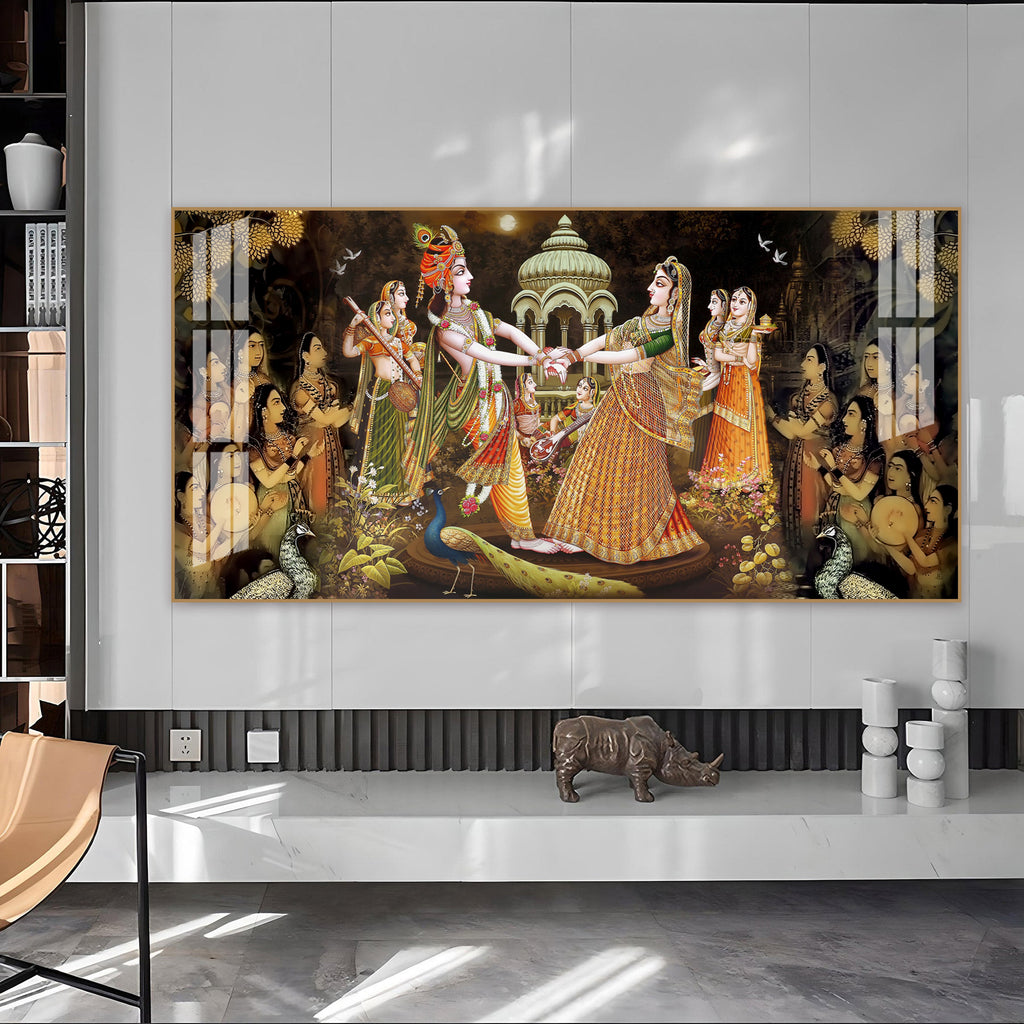 Radha Krishna Raas Leela Acrylic Wall Art Canvas With Devotional Hindu Spiritual Scene