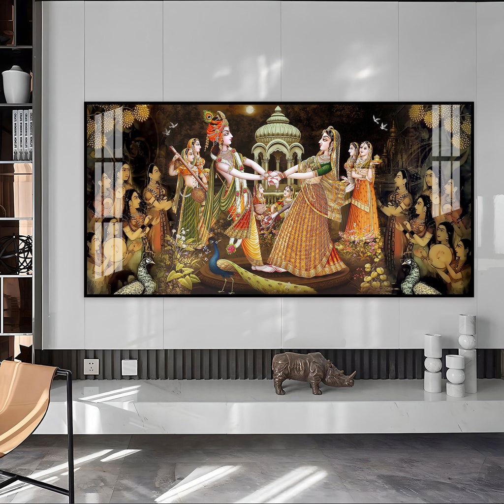 Radha Krishna Raas Leela Acrylic Wall Art Canvas With Devotional Hindu Spiritual Scene