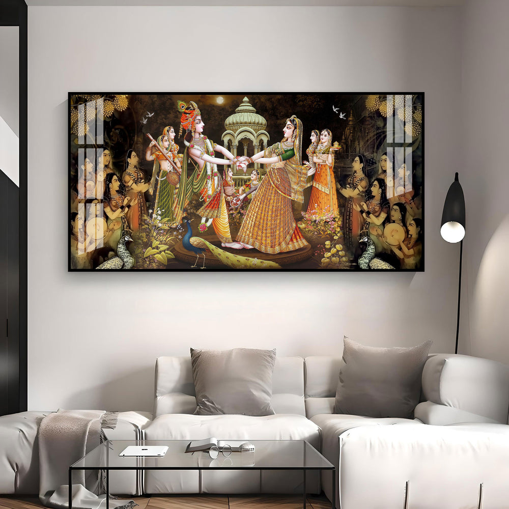 Radha Krishna Raas Leela Acrylic Wall Art Canvas With Devotional Hindu Spiritual Scene