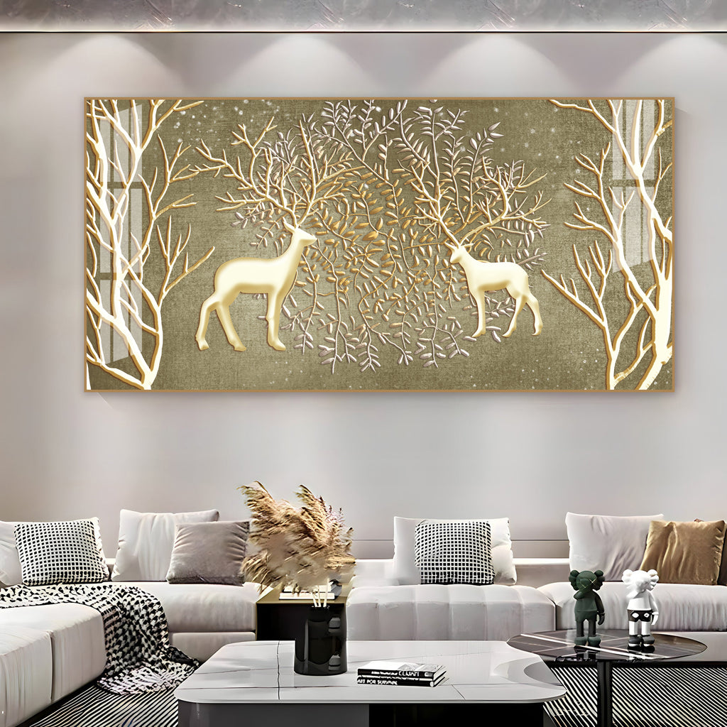 Artistic Deer And Trees Acrylic Wall Art Canvas With Gold Finish And Nature Theme