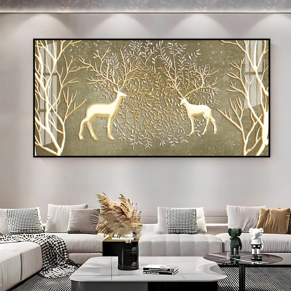 Artistic Deer And Trees Acrylic Wall Art Canvas With Gold Finish And Nature Theme