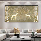 Artistic Deer And Trees Acrylic Wall Art Canvas With Gold Finish And Nature Theme