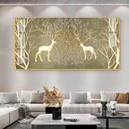 Artistic Deer And Trees Acrylic Wall Art Canvas With Gold Finish And Nature Theme