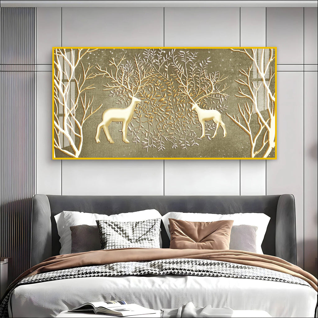 Artistic Deer And Trees Acrylic Wall Art Canvas With Gold Finish And Nature Theme