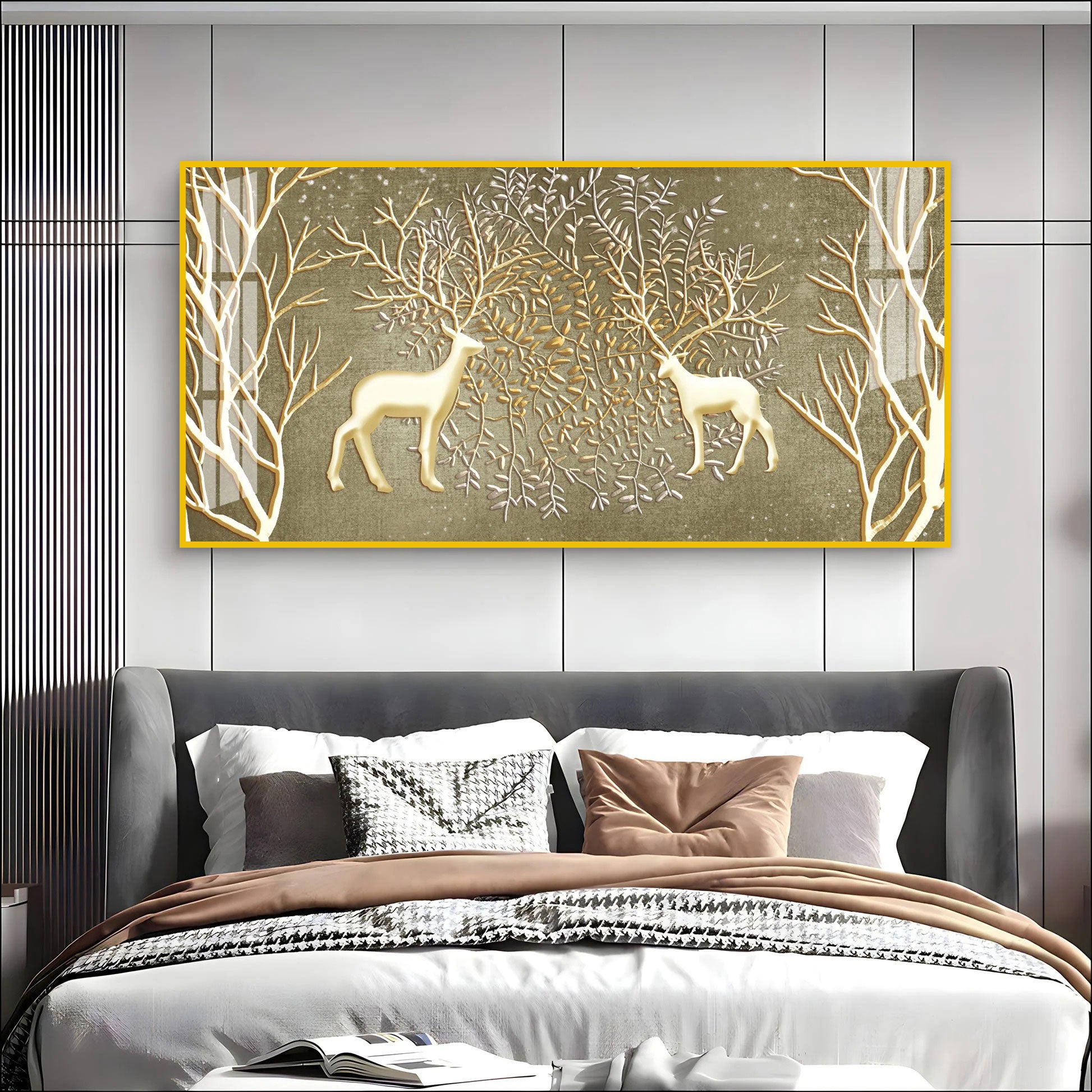 Artistic Deer And Trees Acrylic Wall Art Canvas With Gold Finish And Nature Theme