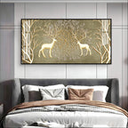 Artistic Deer And Trees Acrylic Wall Art Canvas With Gold Finish And Nature Theme