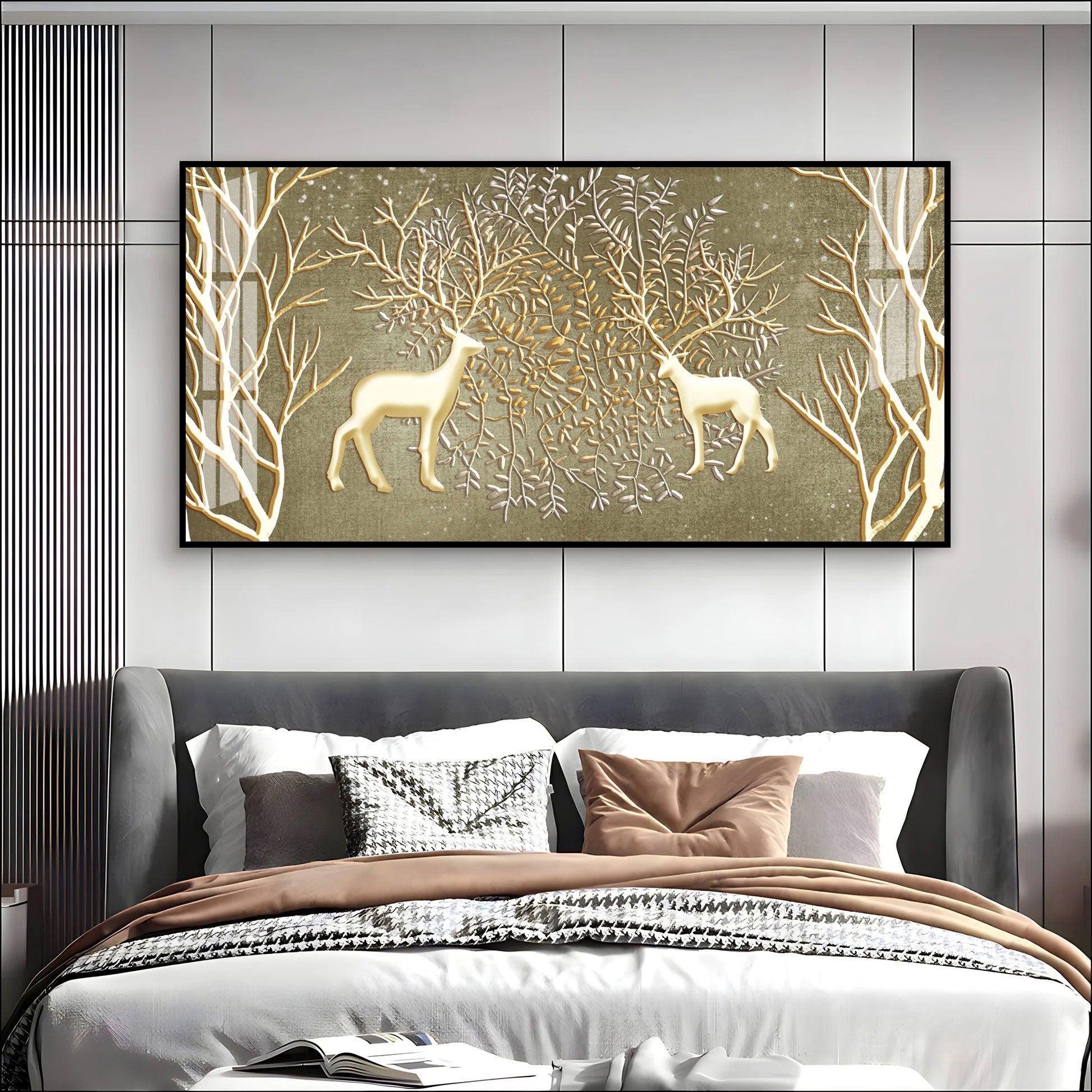 Artistic Deer And Trees Acrylic Wall Art Canvas With Gold Finish And Nature Theme