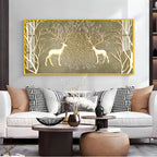 Artistic Deer And Trees Acrylic Wall Art Canvas With Gold Finish And Nature Theme