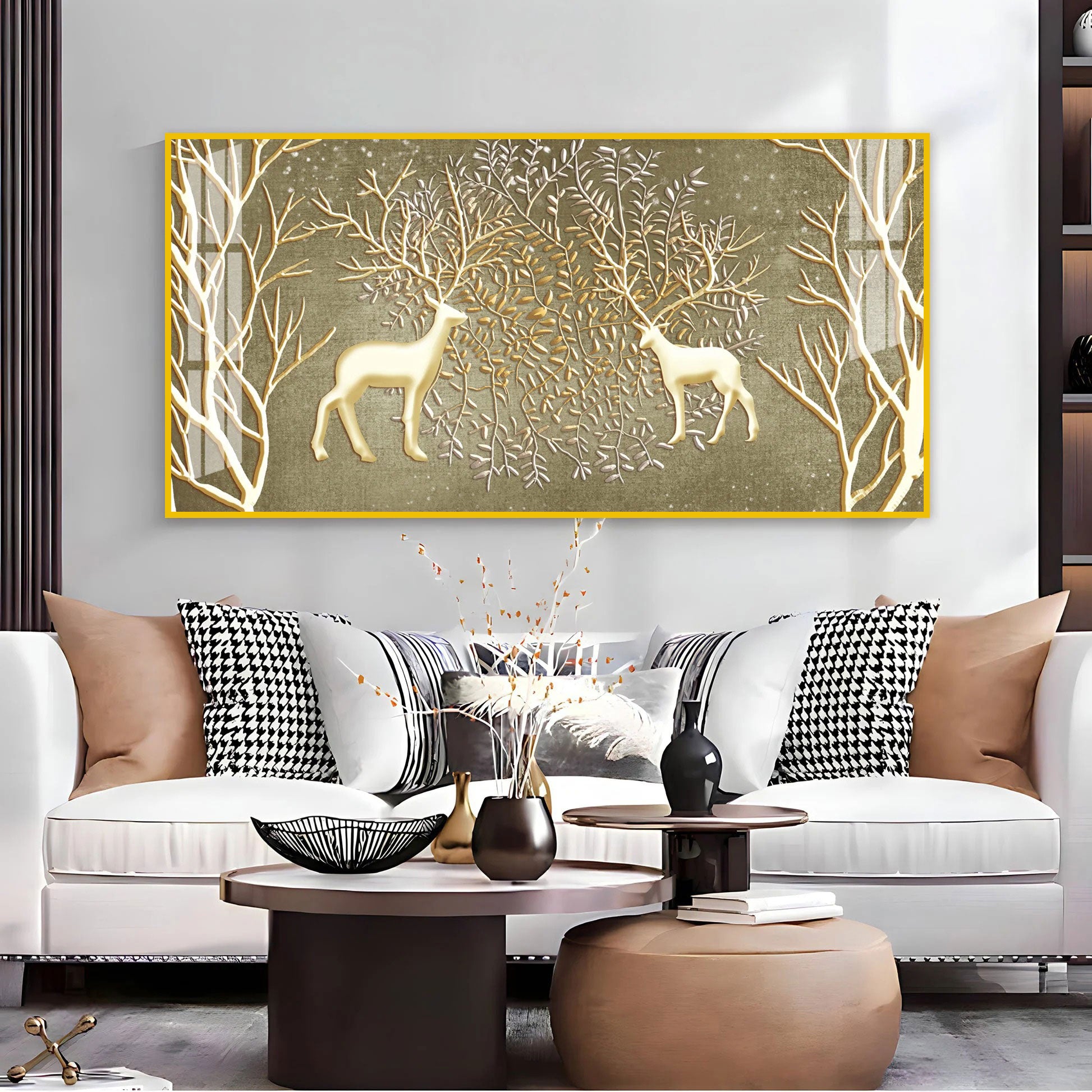 Artistic Deer And Trees Acrylic Wall Art Canvas With Gold Finish And Nature Theme