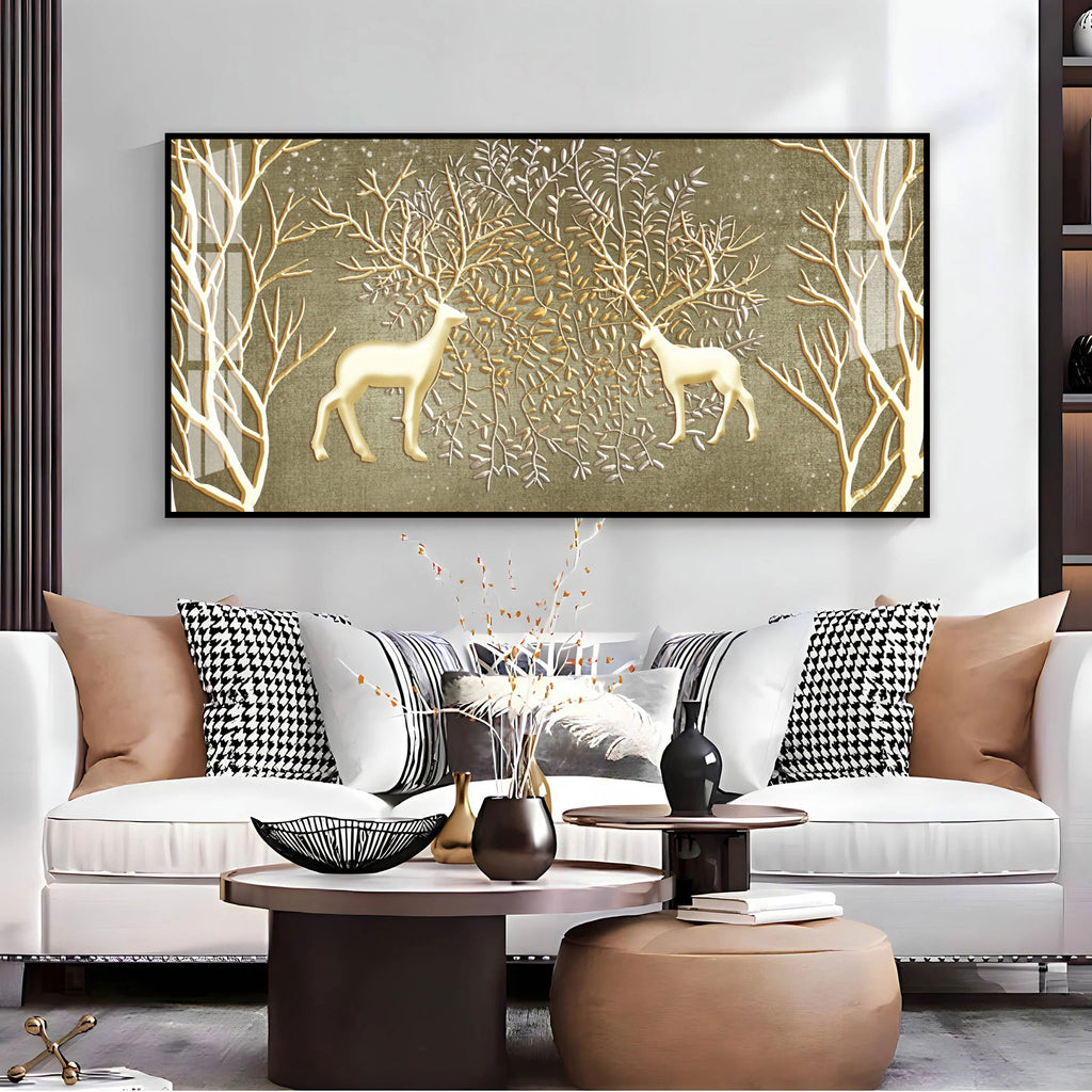 Artistic Deer And Trees Acrylic Wall Art Canvas With Gold Finish And Nature Theme