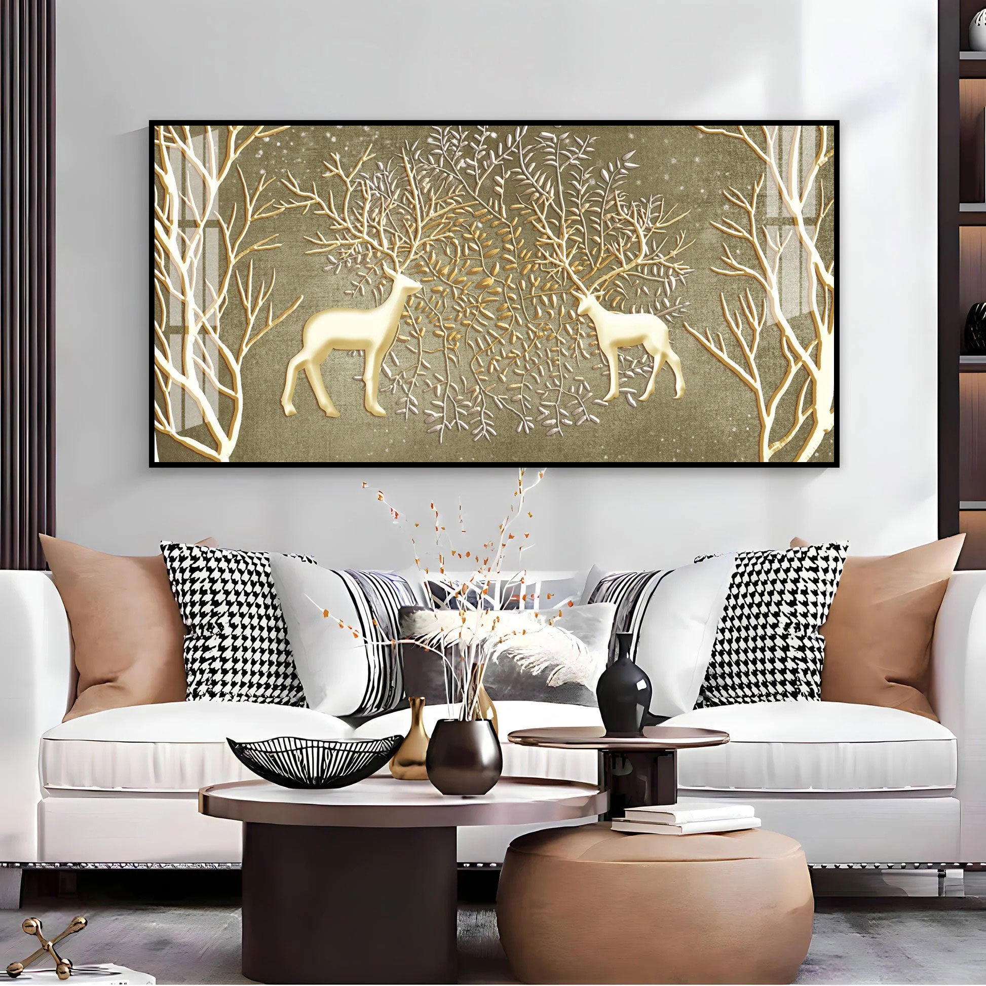 Artistic Deer And Trees Acrylic Wall Art Canvas With Gold Finish And Nature Theme