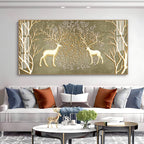 Artistic Deer And Trees Acrylic Wall Art Canvas With Gold Finish And Nature Theme