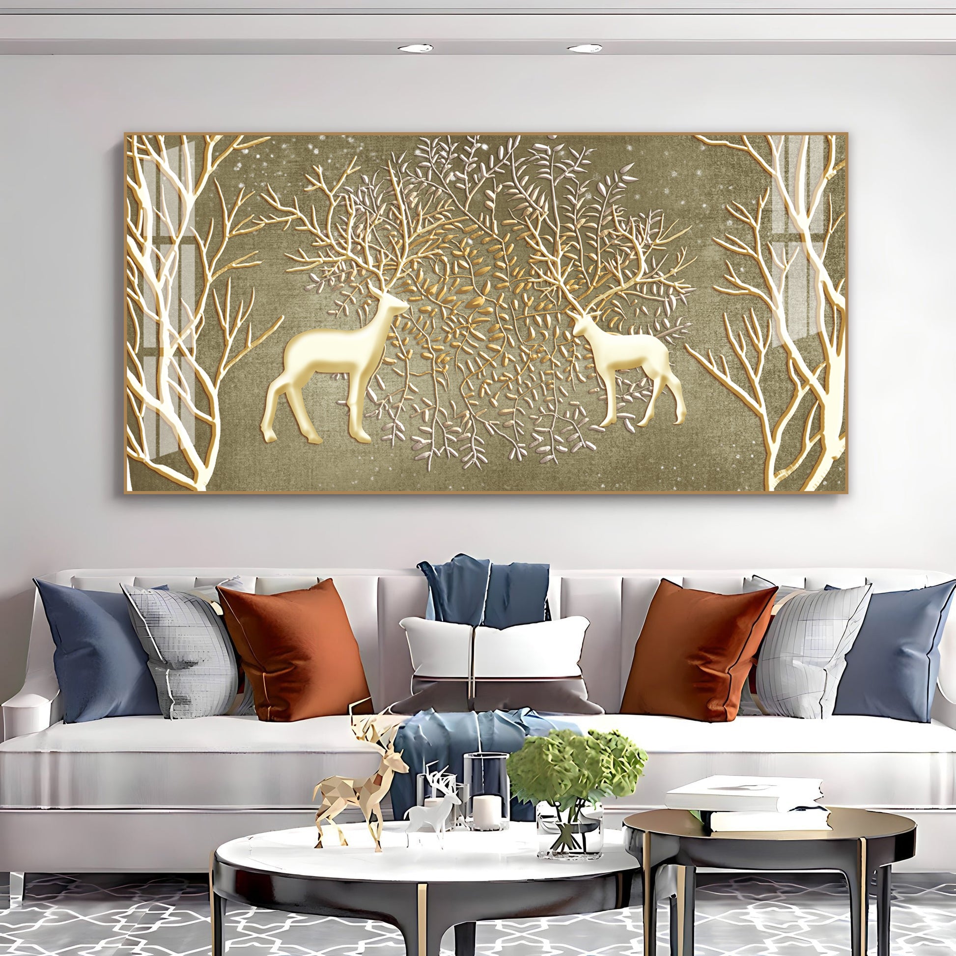 Artistic Deer And Trees Acrylic Wall Art Canvas With Gold Finish And Nature Theme