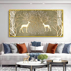 Artistic Deer And Trees Acrylic Wall Art Canvas With Gold Finish And Nature Theme