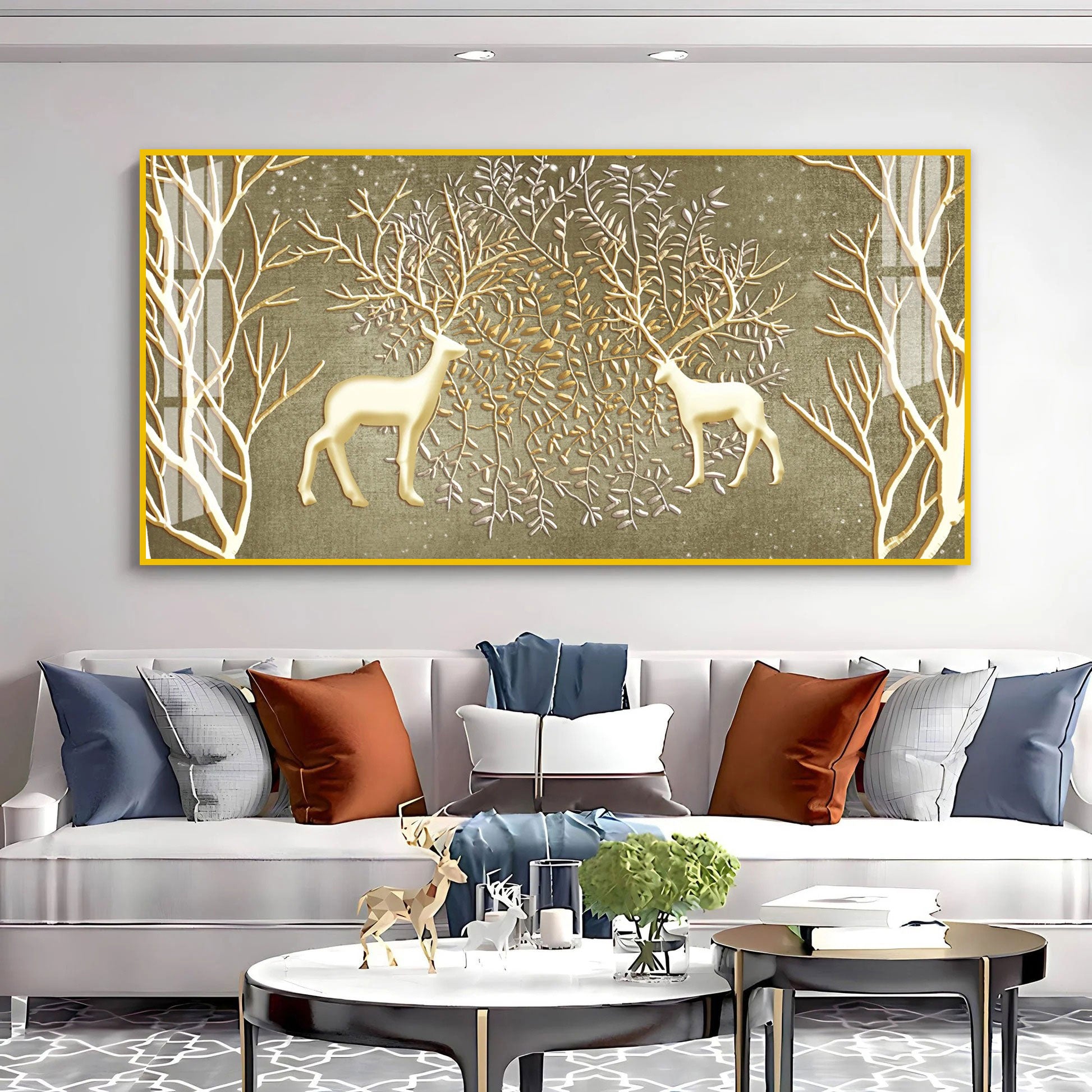 Artistic Deer And Trees Acrylic Wall Art Canvas With Gold Finish And Nature Theme