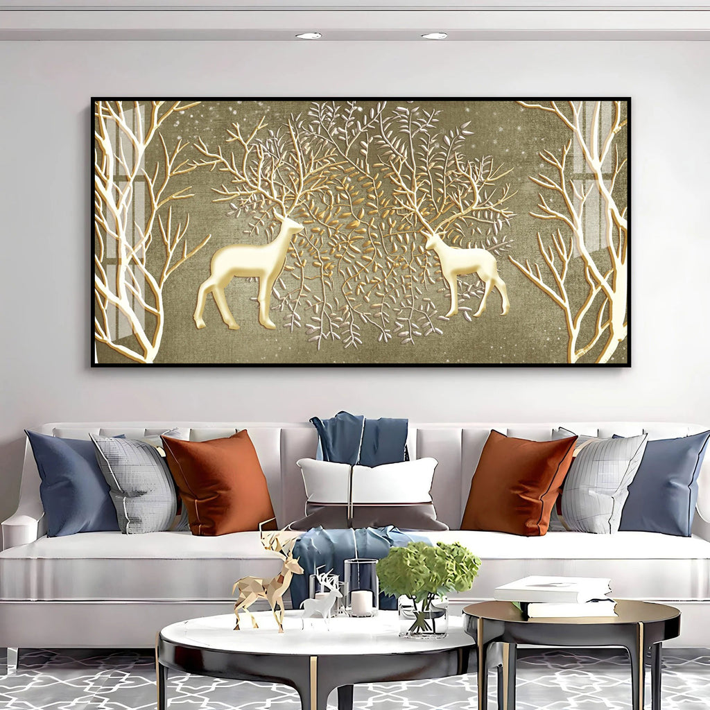 Artistic Deer And Trees Acrylic Wall Art Canvas With Gold Finish And Nature Theme