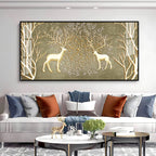 Artistic Deer And Trees Acrylic Wall Art Canvas With Gold Finish And Nature Theme