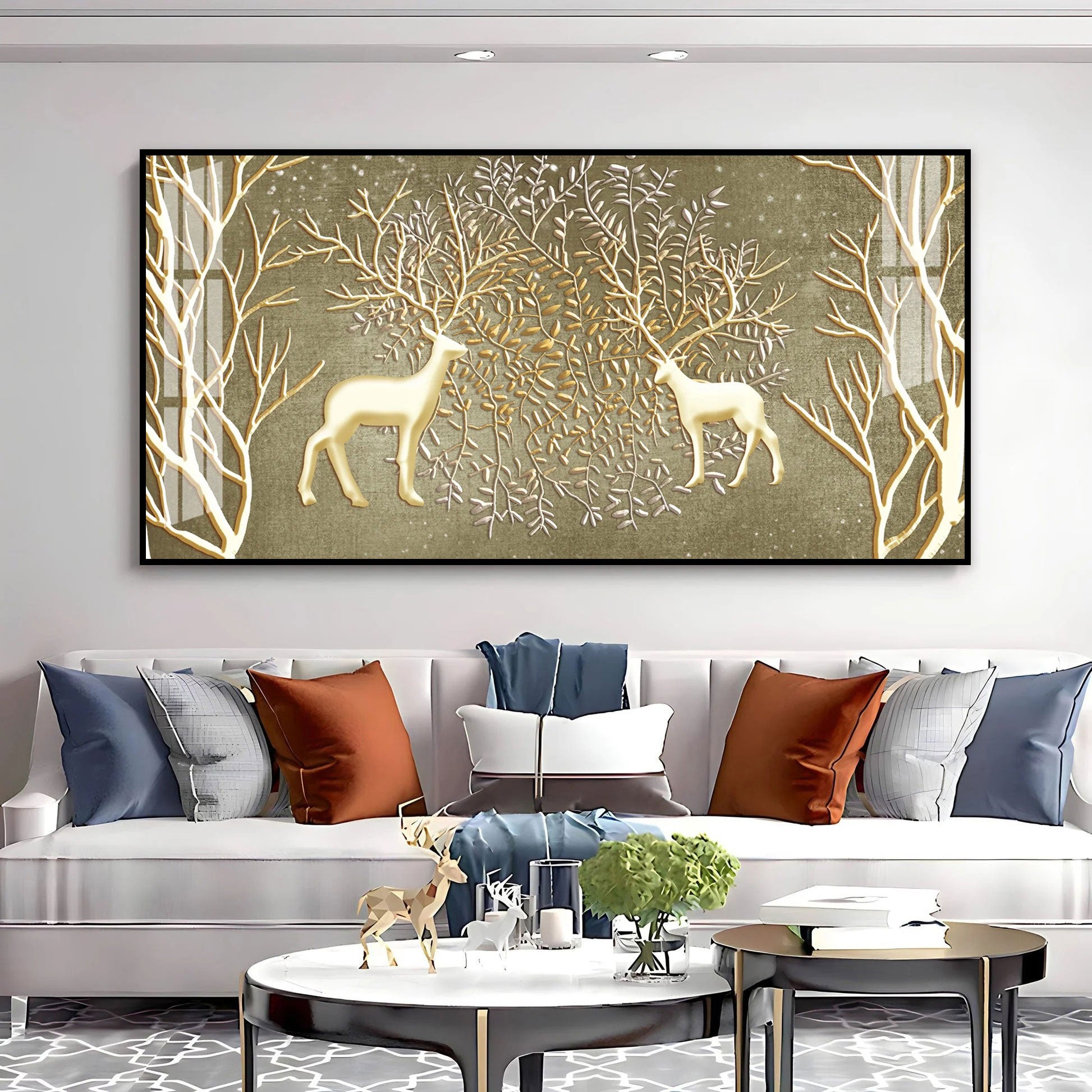 Artistic Deer And Trees Acrylic Wall Art Canvas With Gold Finish And Nature Theme