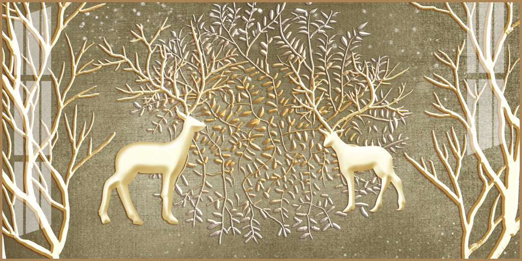 Artistic Deer And Trees Acrylic Wall Art Canvas With Gold Finish And Nature Theme