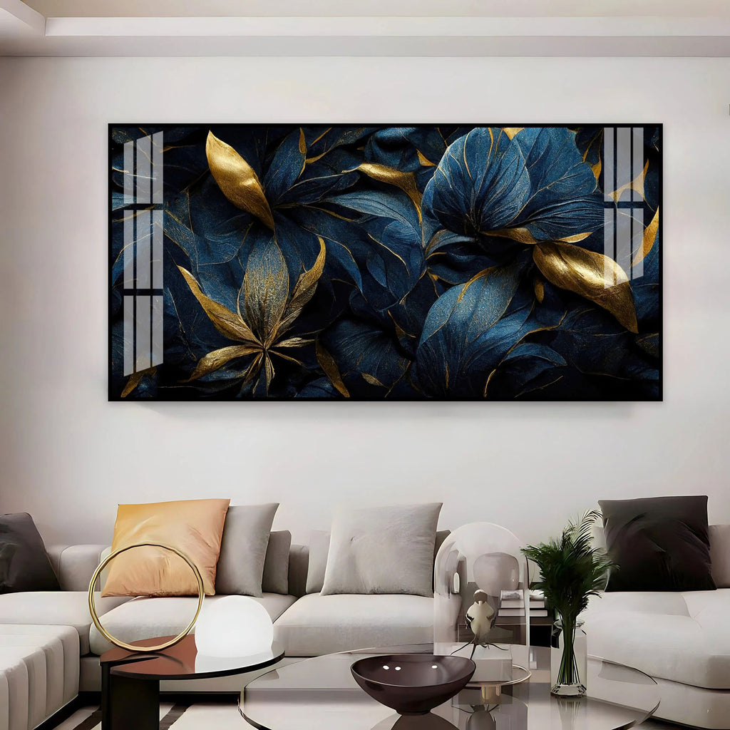 Modern Blue Gold Flower Acrylic Wall Art Canvas With Elegant Nature Theme