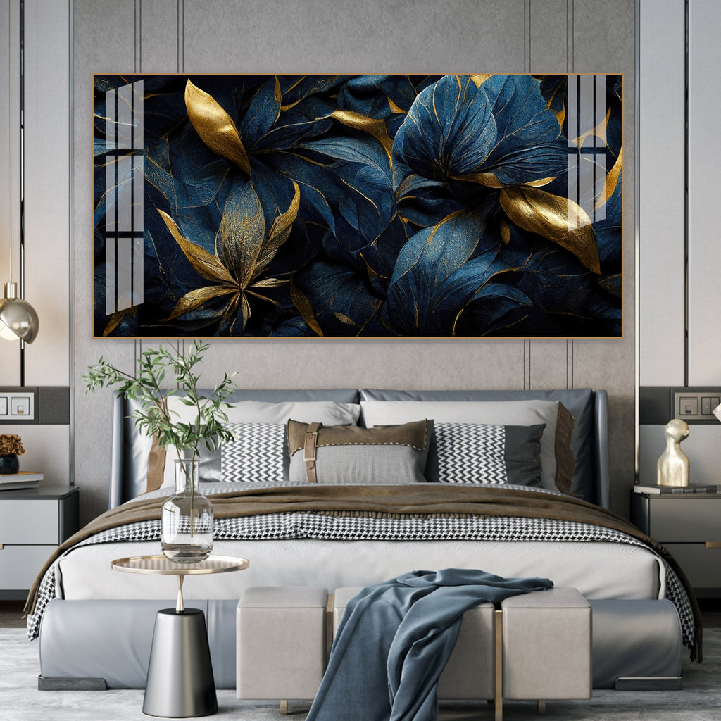 Modern Blue Gold Flower Acrylic Wall Art Canvas With Elegant Nature Theme