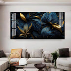 Modern Blue Gold Flower Acrylic Wall Art Canvas With Elegant Nature Theme