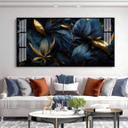 Modern Blue Gold Flower Acrylic Wall Art Canvas With Elegant Nature Theme