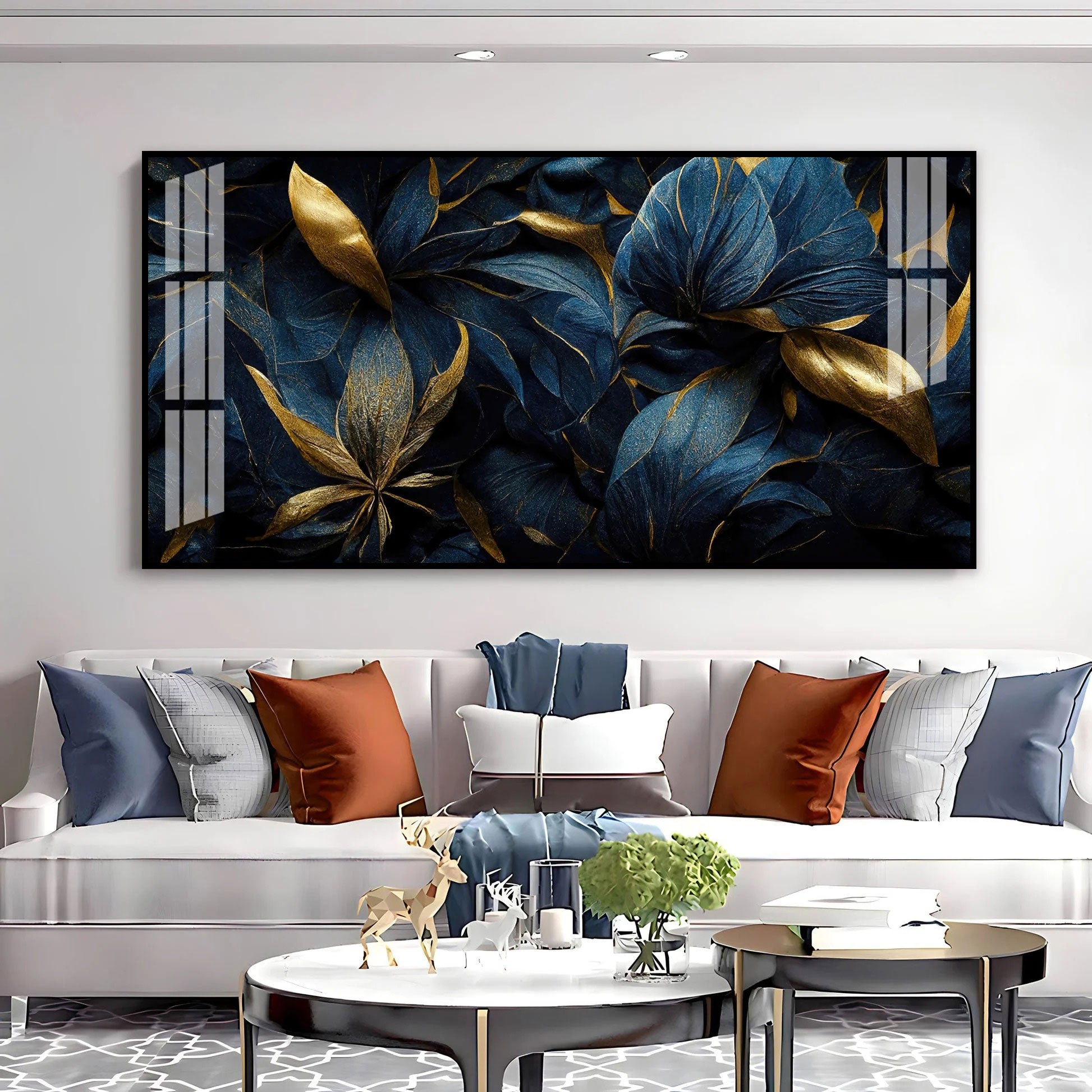 Modern Blue Gold Flower Acrylic Wall Art Canvas With Elegant Nature Theme