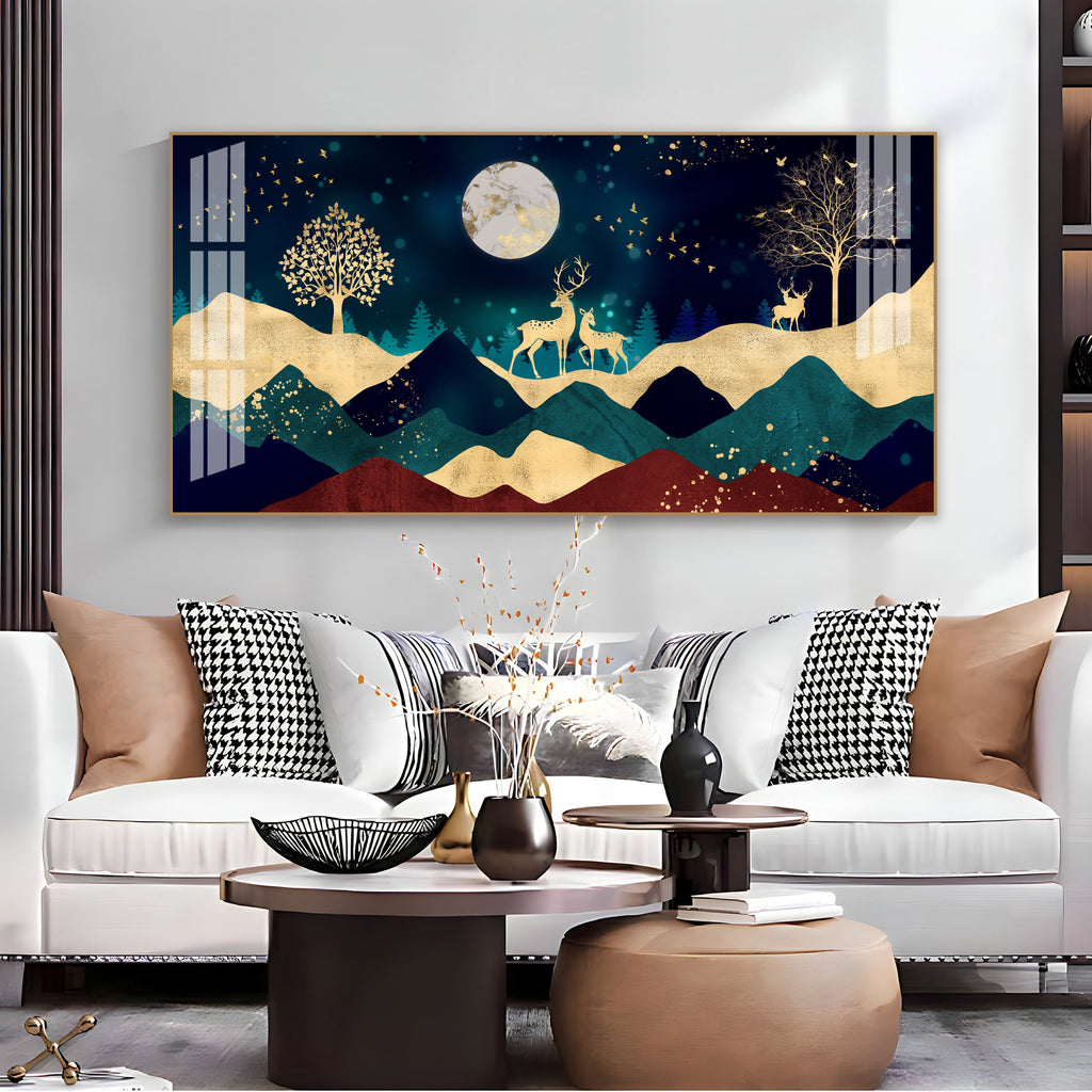 Elegant Deer Mountain Acrylic Wall Art Canvas With Moonlight And Golden Nature Design