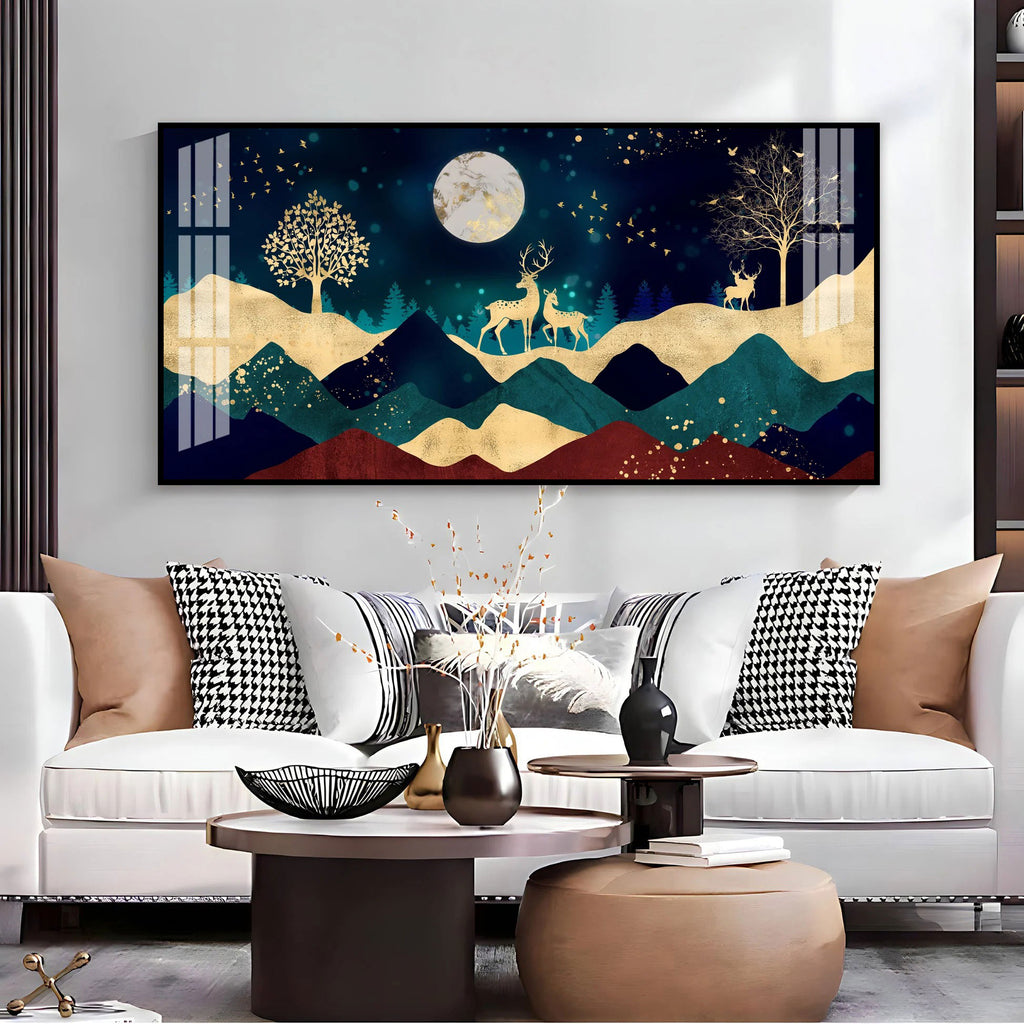 Elegant Deer Mountain Acrylic Wall Art Canvas With Moonlight And Golden Nature Design