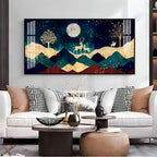Elegant Deer Mountain Acrylic Wall Art Canvas With Moonlight And Golden Nature Design