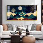 Elegant Deer Mountain Acrylic Wall Art Canvas With Moonlight And Golden Nature Design