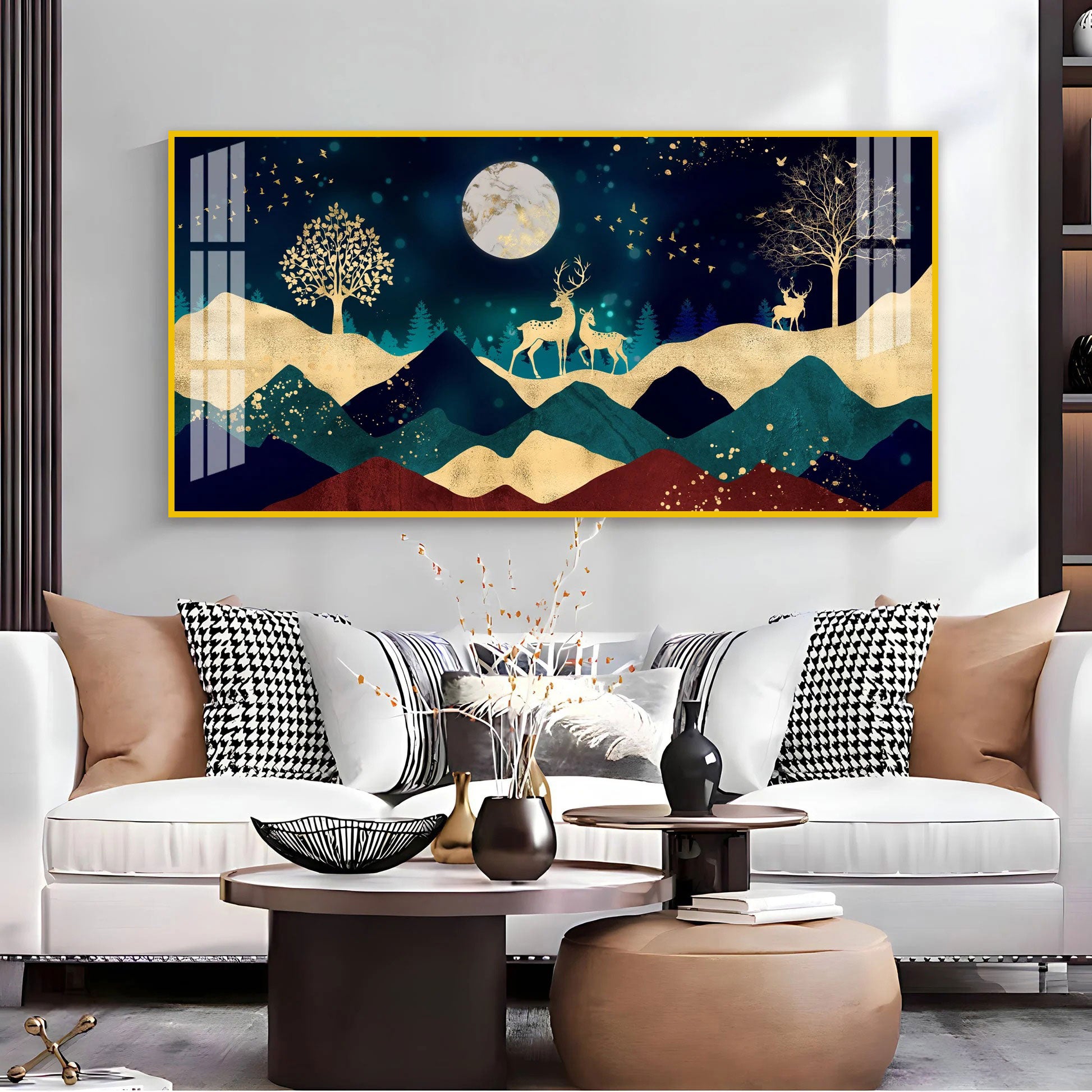 Elegant Deer Mountain Acrylic Wall Art Canvas With Moonlight And Golden Nature Design