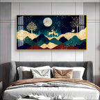 Elegant Deer Mountain Acrylic Wall Art Canvas With Moonlight And Golden Nature Design