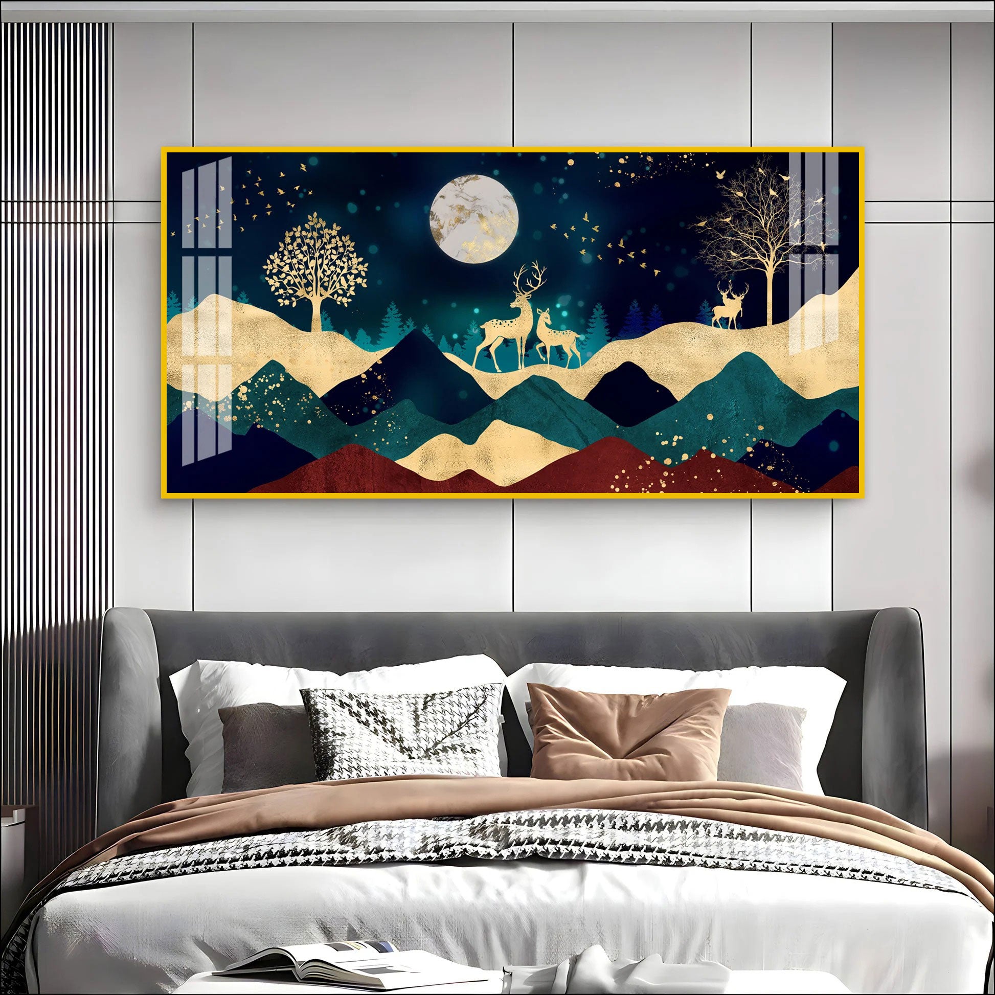 Elegant Deer Mountain Acrylic Wall Art Canvas With Moonlight And Golden Nature Design
