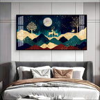 Elegant Deer Mountain Acrylic Wall Art Canvas With Moonlight And Golden Nature Design
