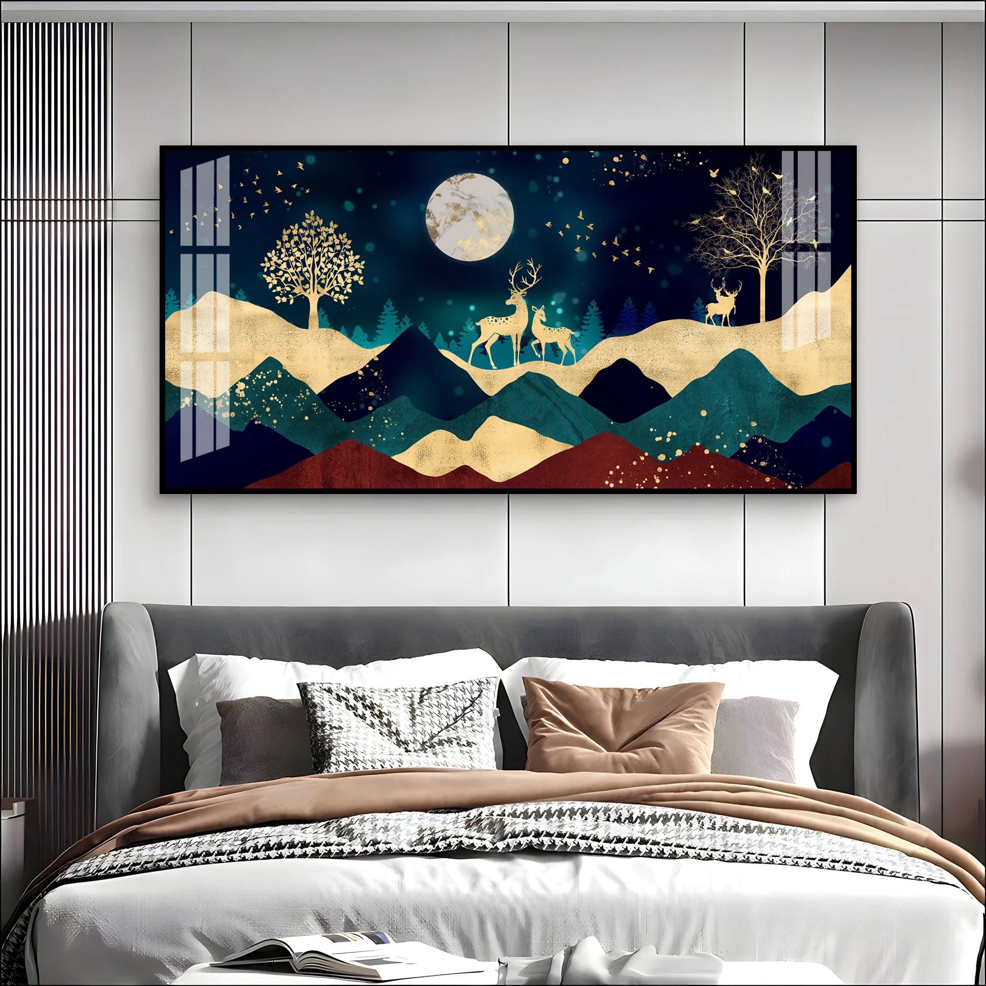 Elegant Deer Mountain Acrylic Wall Art Canvas With Moonlight And Golden Nature Design