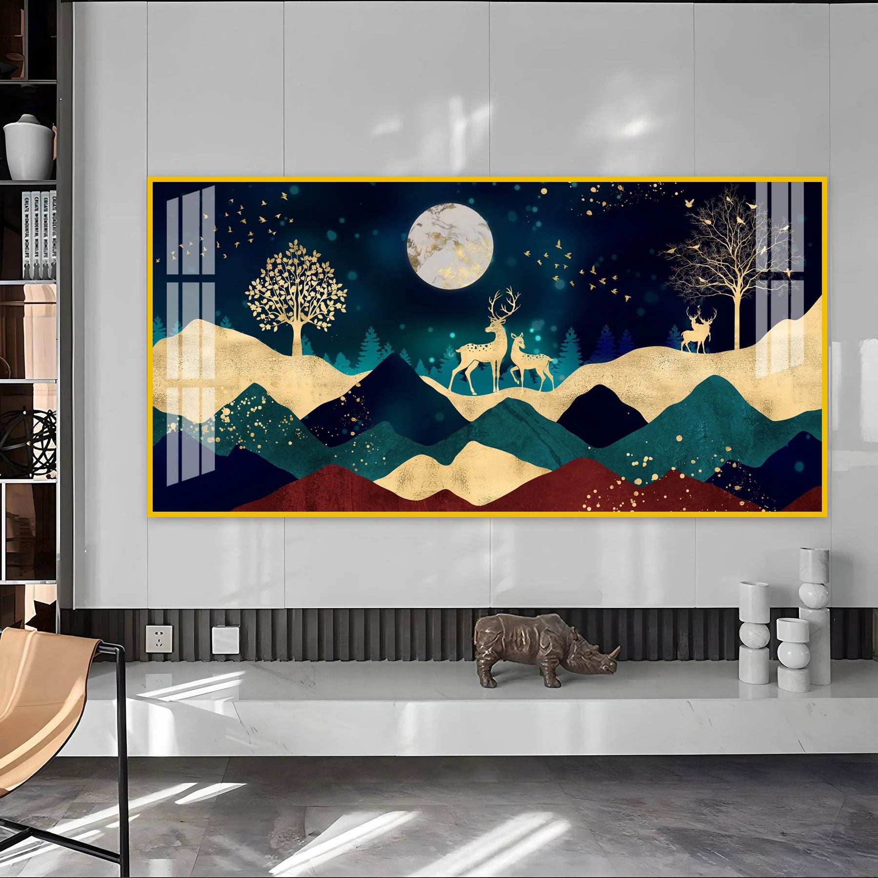 Elegant Deer Mountain Acrylic Wall Art Canvas With Moonlight And Golden Nature Design