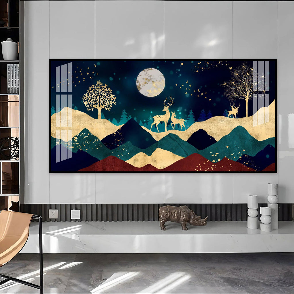 Elegant Deer Mountain Acrylic Wall Art Canvas With Moonlight And Golden Nature Design