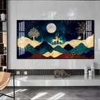 Elegant Deer Mountain Acrylic Wall Art Canvas With Moonlight And Golden Nature Design