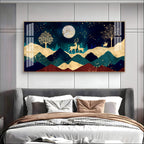 Elegant Deer Mountain Acrylic Wall Art Canvas With Moonlight And Golden Nature Design