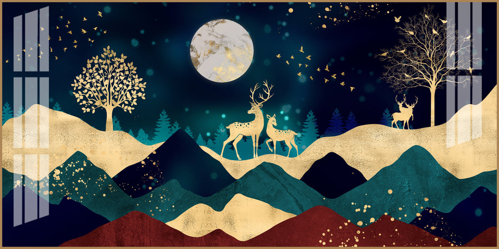 Elegant Deer Mountain Acrylic Wall Art Canvas With Moonlight And Golden Nature Design