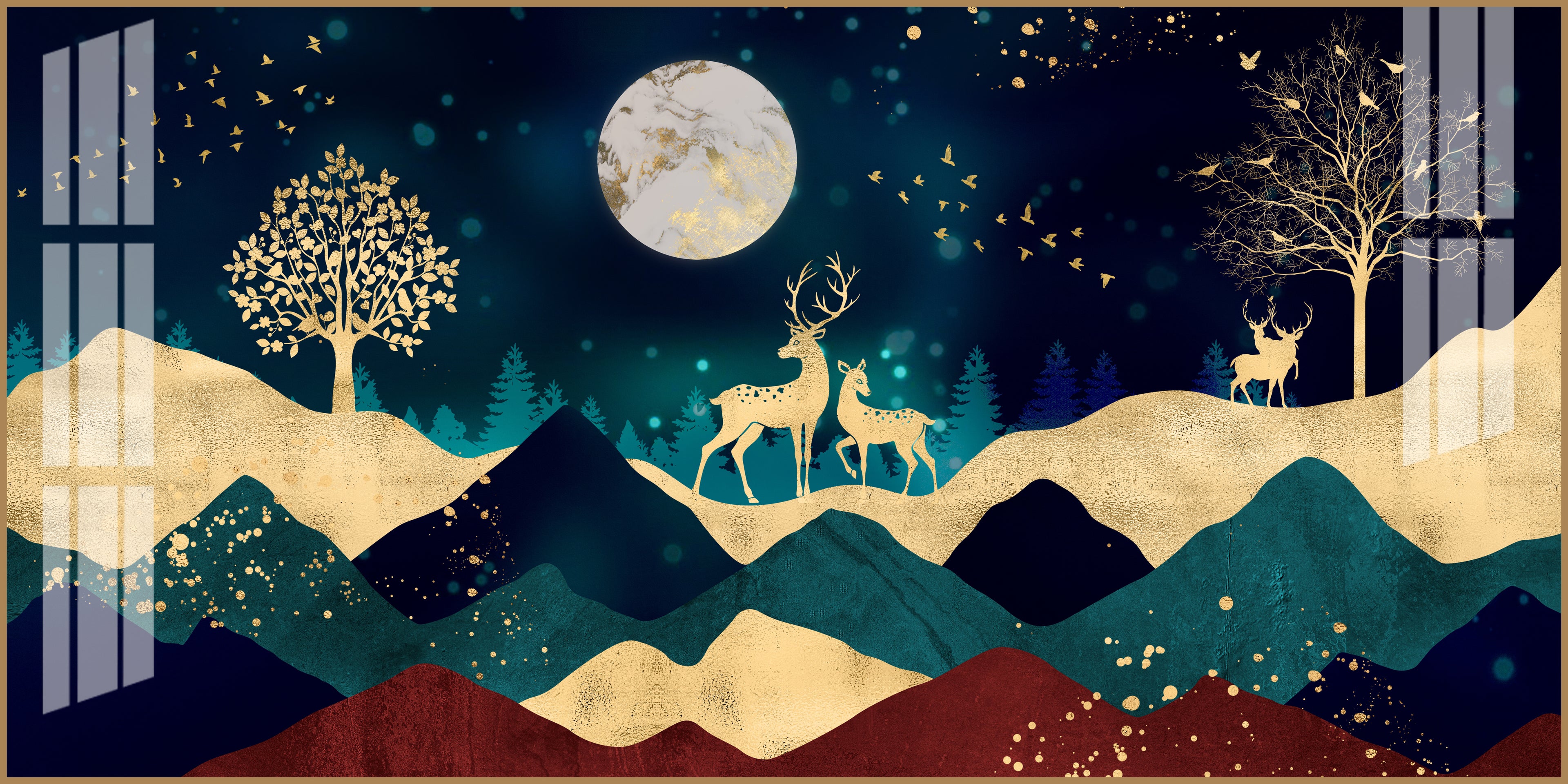 Elegant Deer Mountain Acrylic Wall Art Canvas With Moonlight And Golden Nature Design
